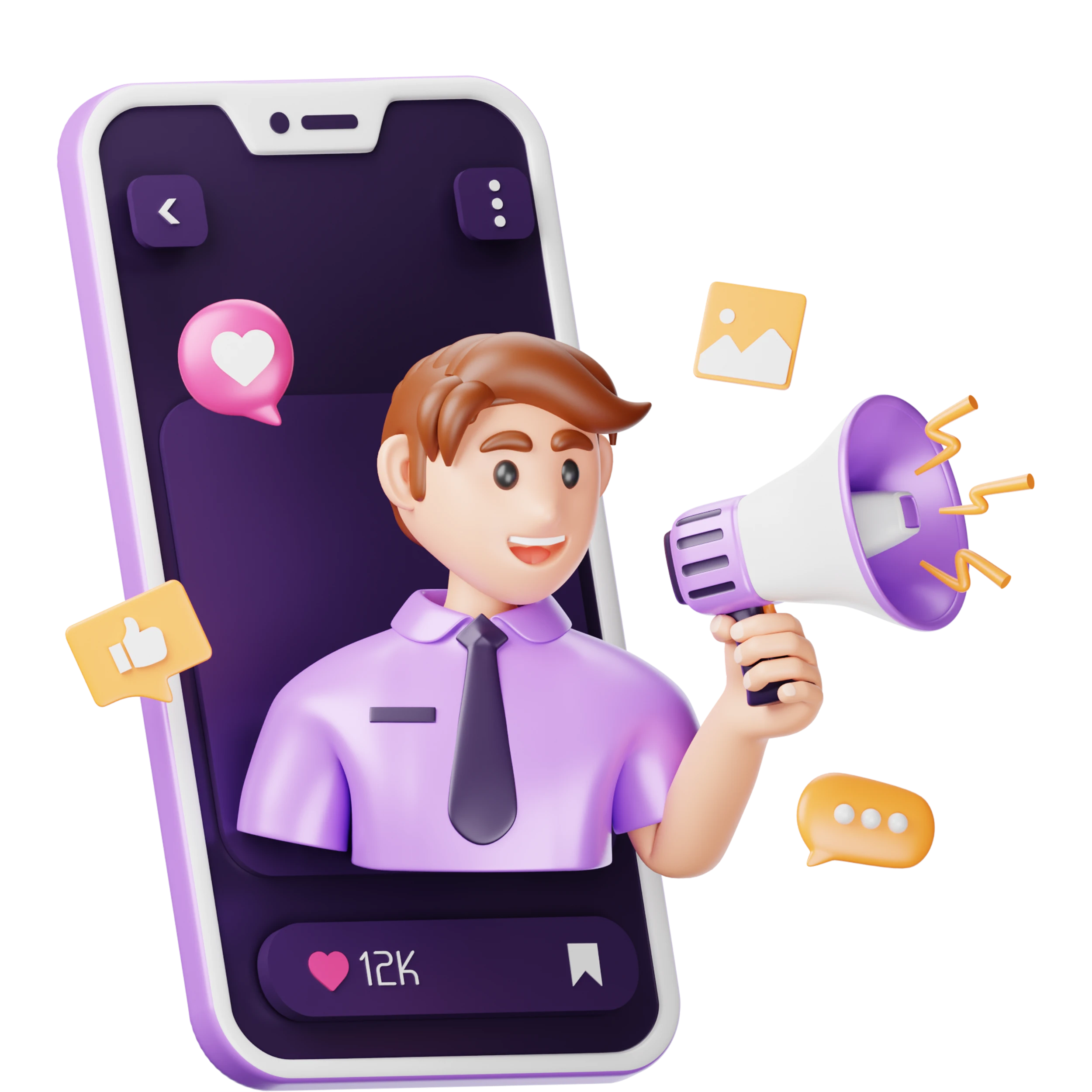 شخص يخرج من شاشة هاتف ممسكًا ميكروفونًا مع رموز تفاعل مثل القلب والإعجاب، يعبر عن نجاح المحتوى المرئي على السوشيال ميديا
