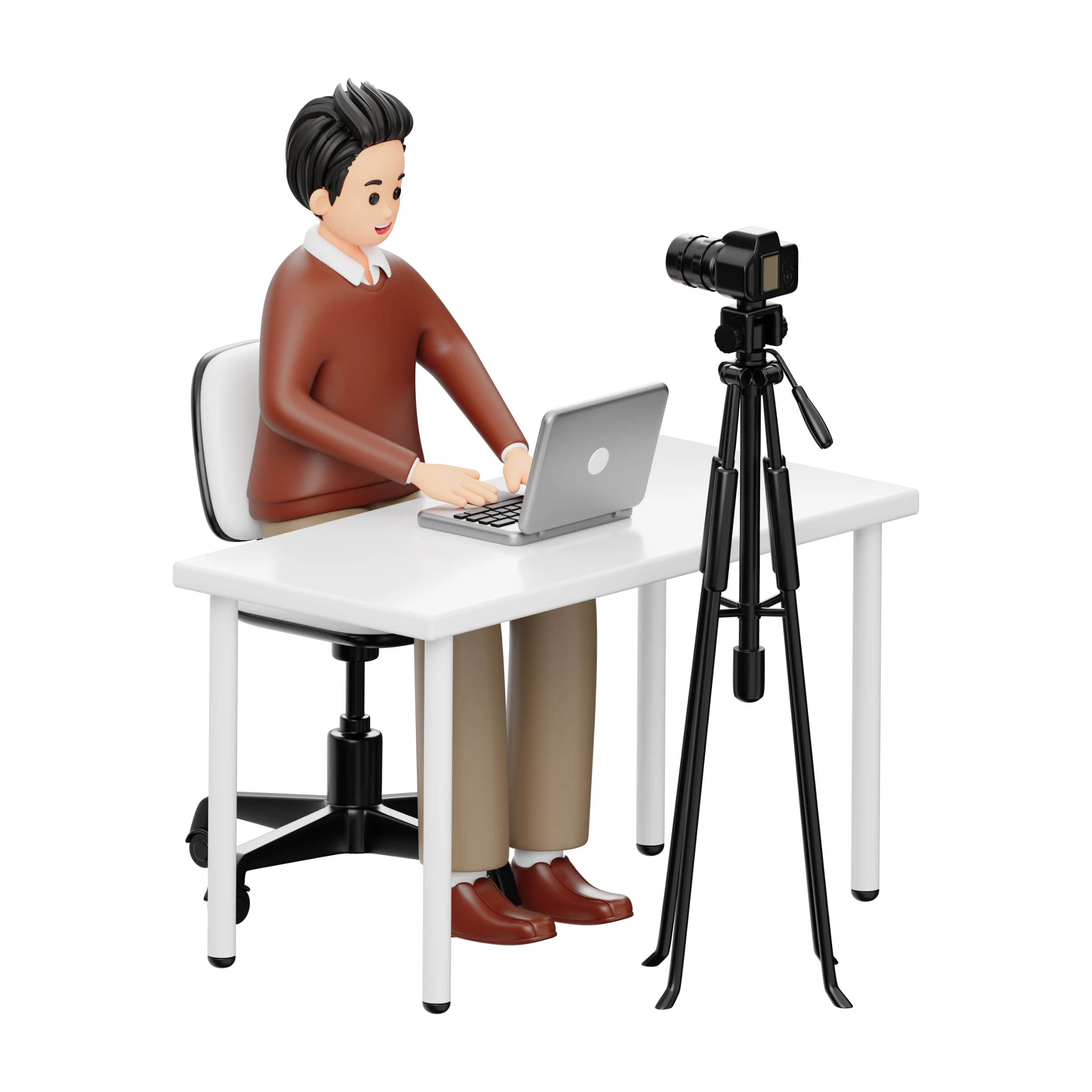 شخص يجلس أمام كاميرا احترافية لتصوير محتوى رقمي باستخدام لابتوب في بيئة تصوير بسيطة