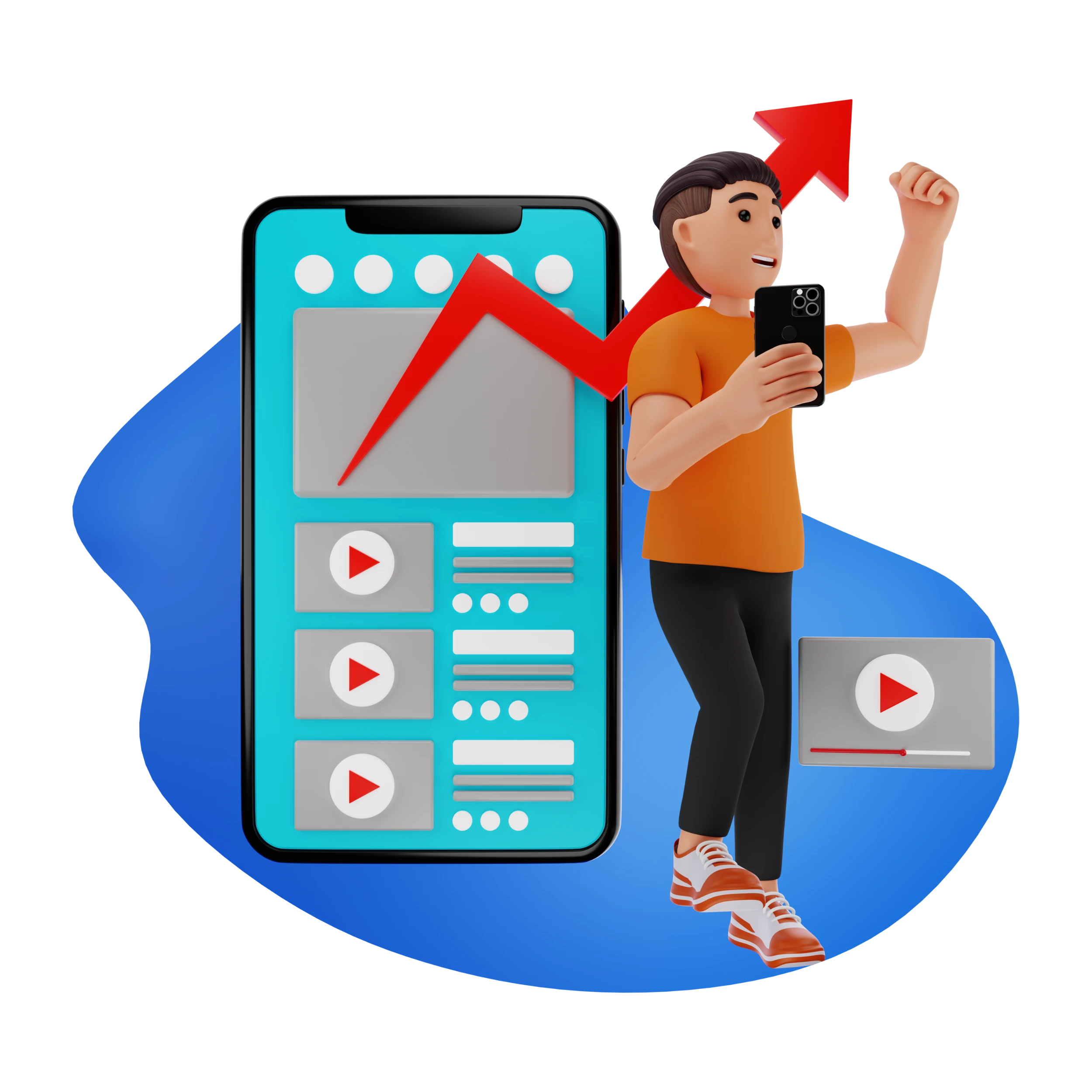 شخص يحتفل بنجاح فيديو على الهاتف مع رموز التفاعل والنمو على المنصات الرقمية
