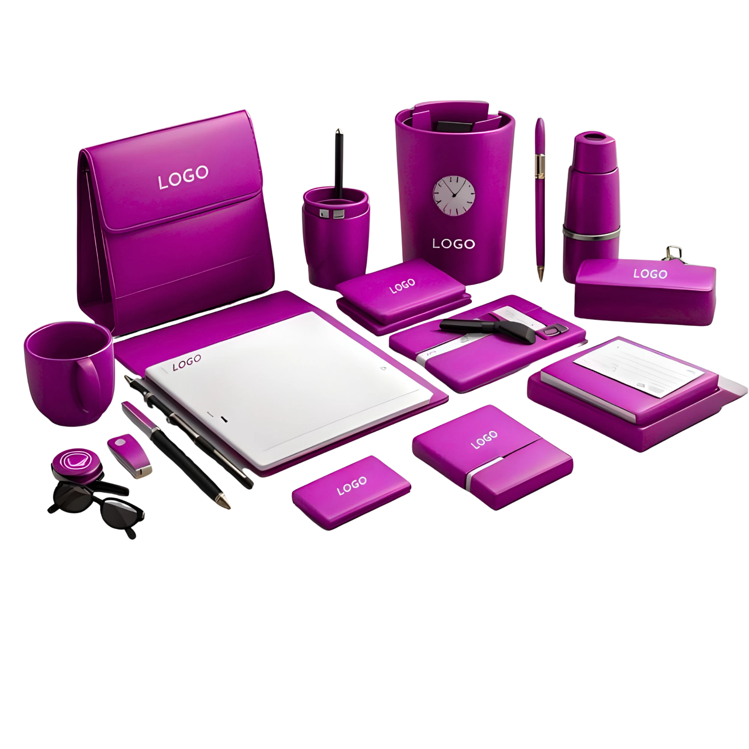 مجموعة من منتجات دعائية مكتبية تحمل شعار موحد، تشمل أكواب، أقلام، كروت، وفلاشات
