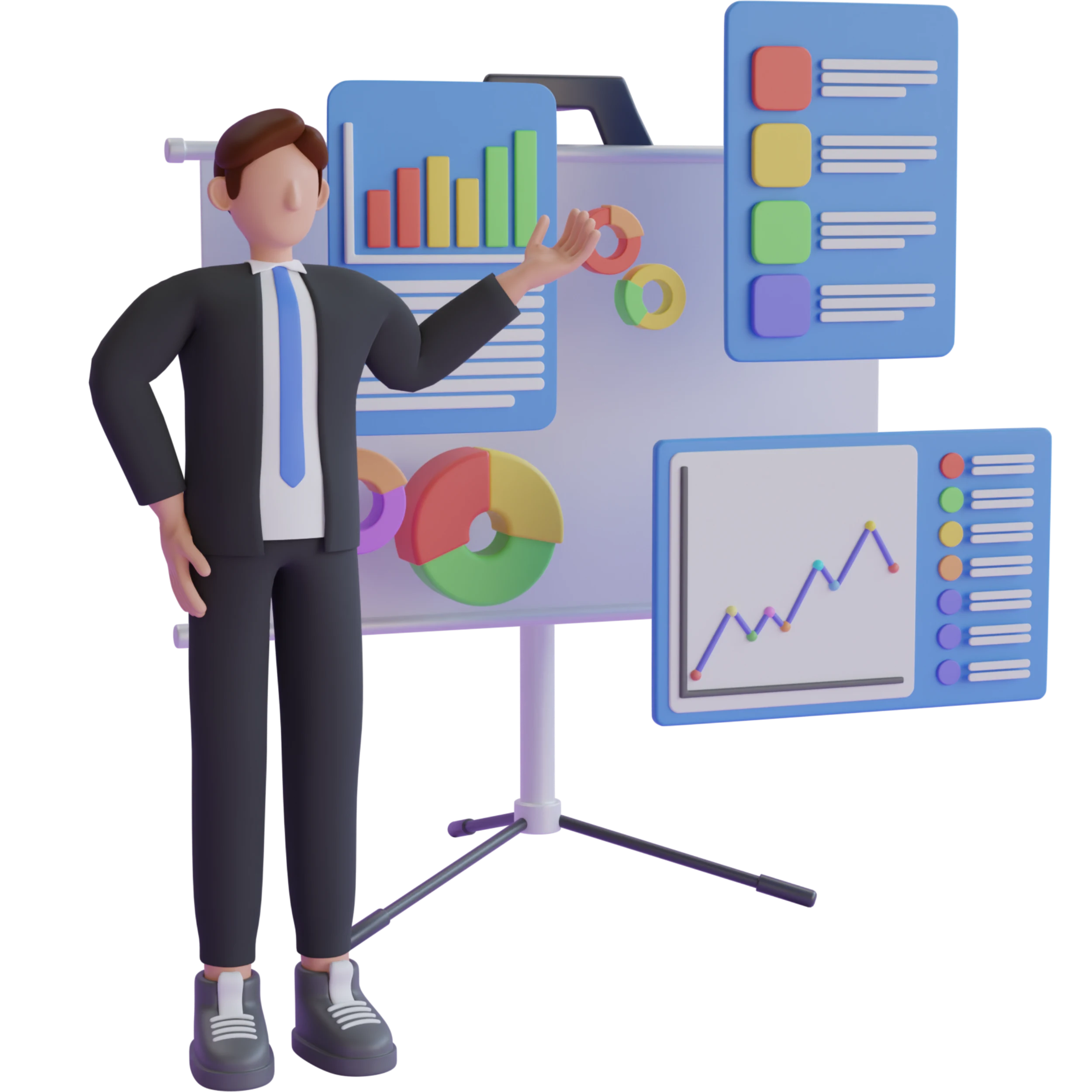 شخص يعرض بيانات ورسوم بيانية على لوحة تقديم تعبر عن دراسة جدوى مشروع

