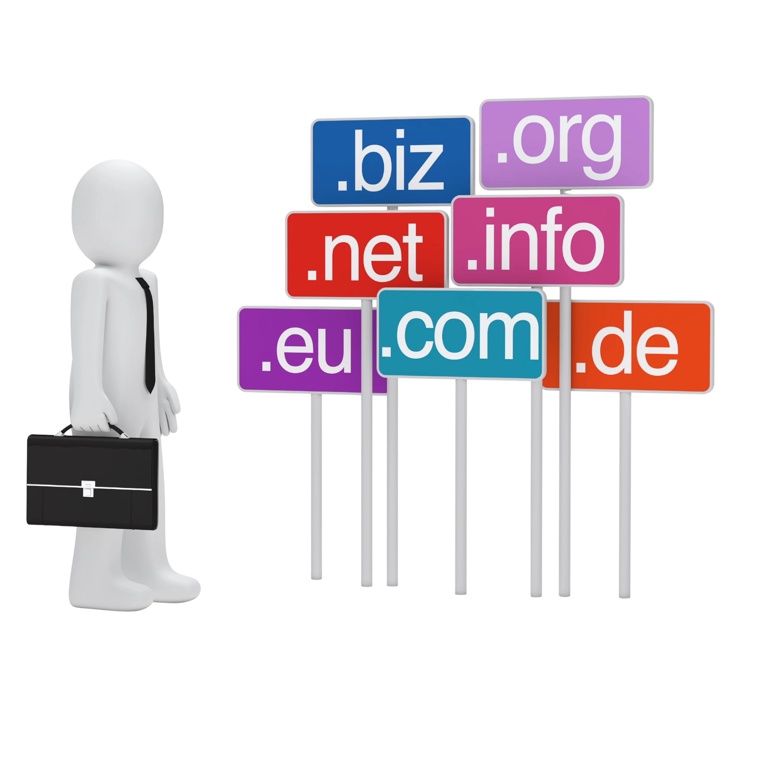 رسم ثلاثي الأبعاد لرجل أعمال بجانب لوحات تحمل امتدادات نطاقات مثل .com و .net و .org
