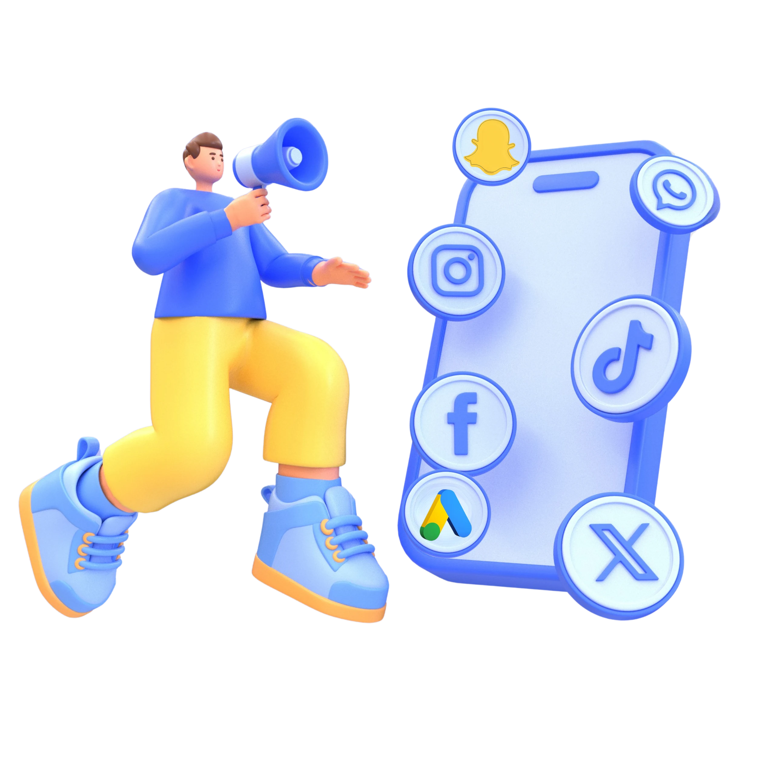 شخص يحمل ميكروفون بجانب هاتف ذكي محاط بأيقونات منصات التواصل الاجتماعي
