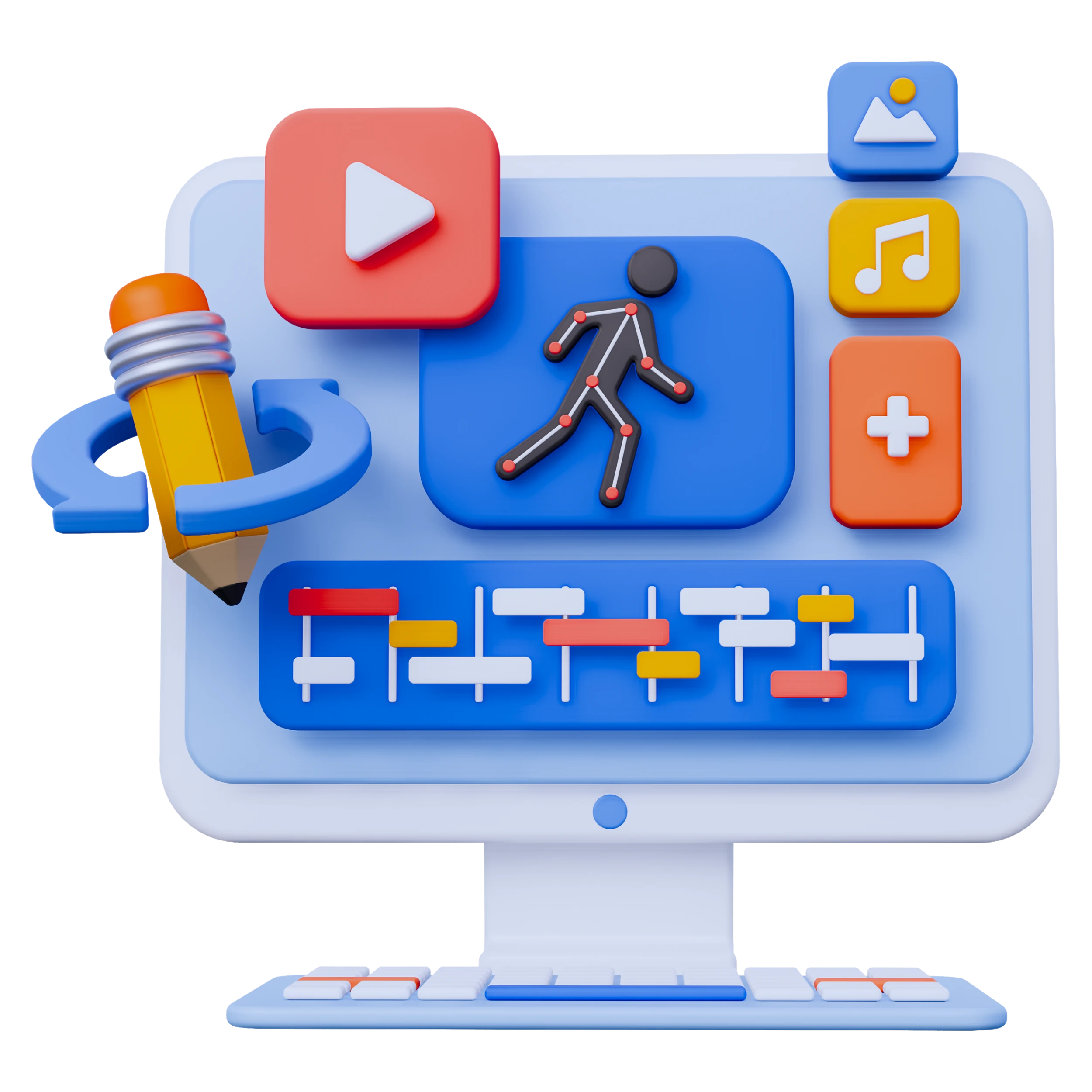 شاشة كمبيوتر تعرض عناصر تحرير وتحريك فيديو موشن جرافيك تشمل شخصية متحركة ورموز صوت وصورة
