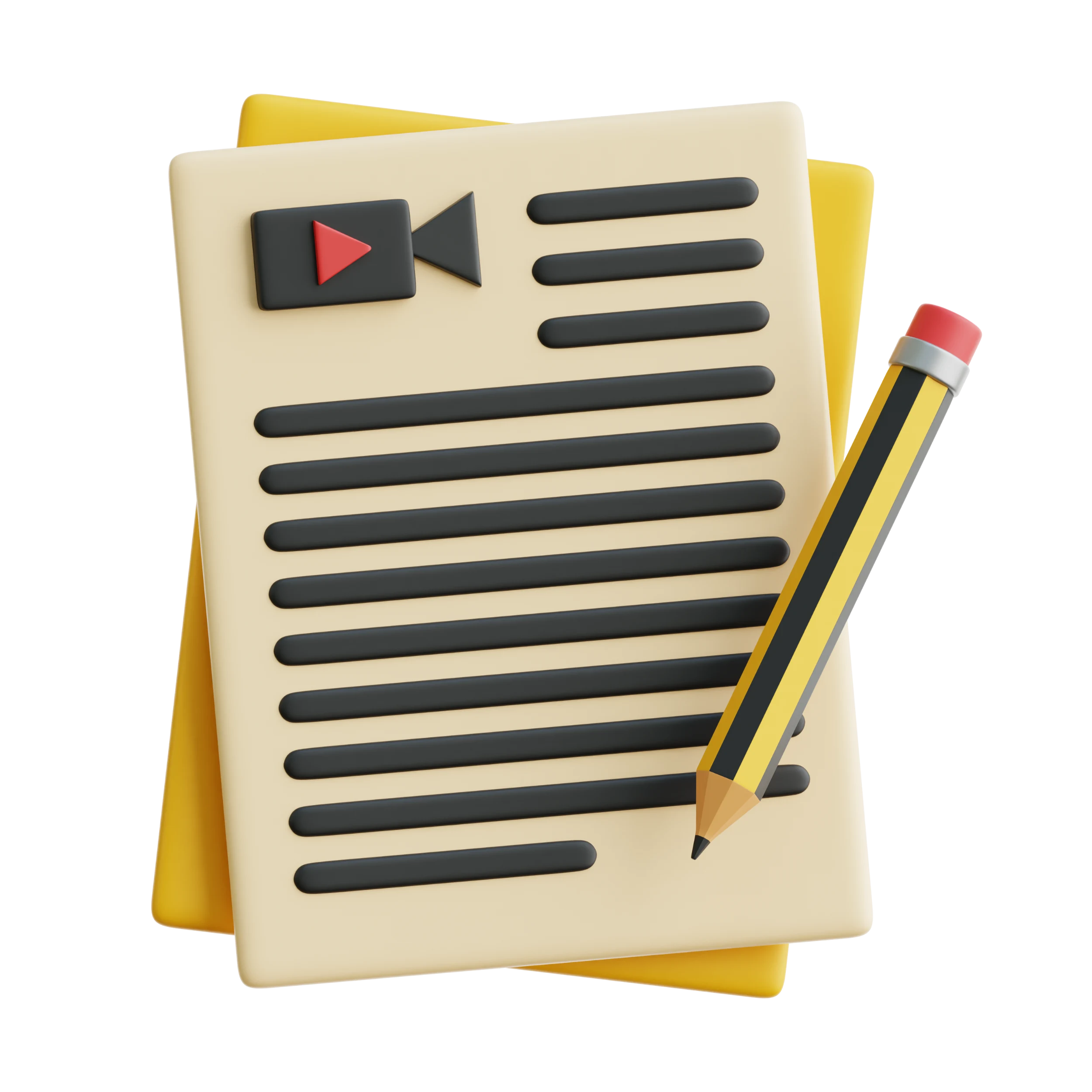 وثيقة تحتوي على رمز تشغيل الفيديو وقلم، تعبر عن كتابة سكربتات للمحتوى المرئي
