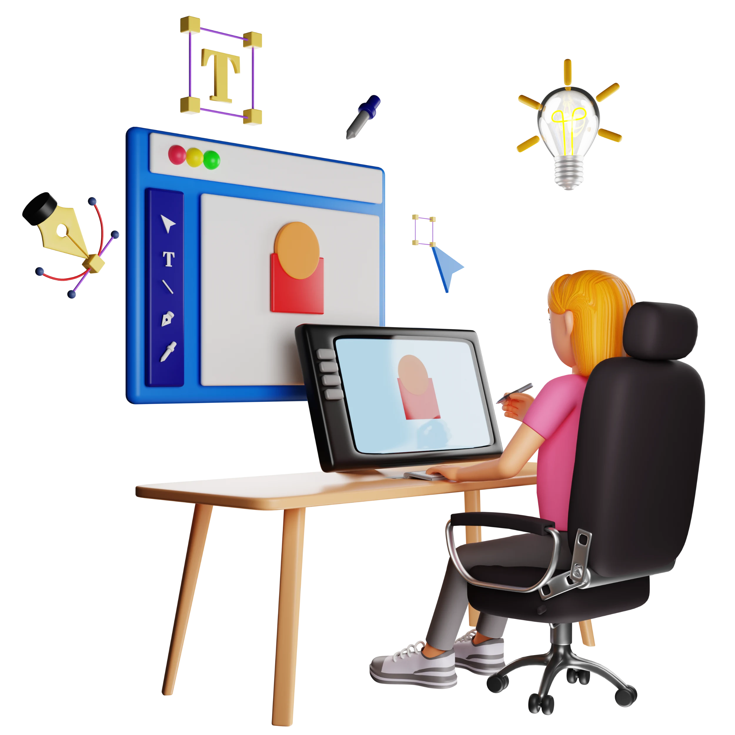 شخص يستخدم قلم رقمي وجهاز لوحي لتصميم جرافيك احترافي على شاشة كمبيوتر، مع رموز أدوات التصميم
