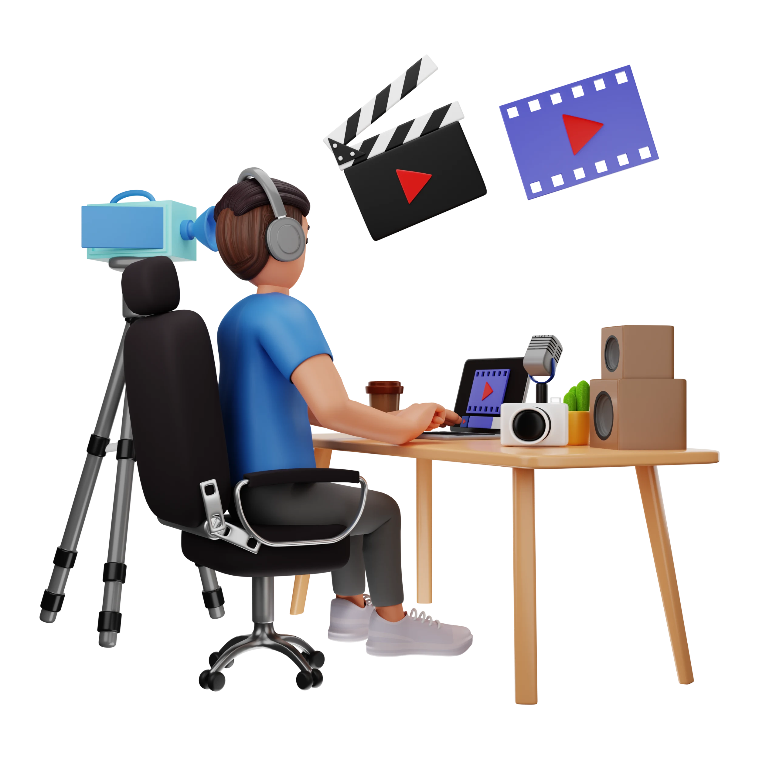  شخص يجلس على مكتب يعمل على مونتاج فيديو باستخدام لابتوب وكاميرا وميكروفون