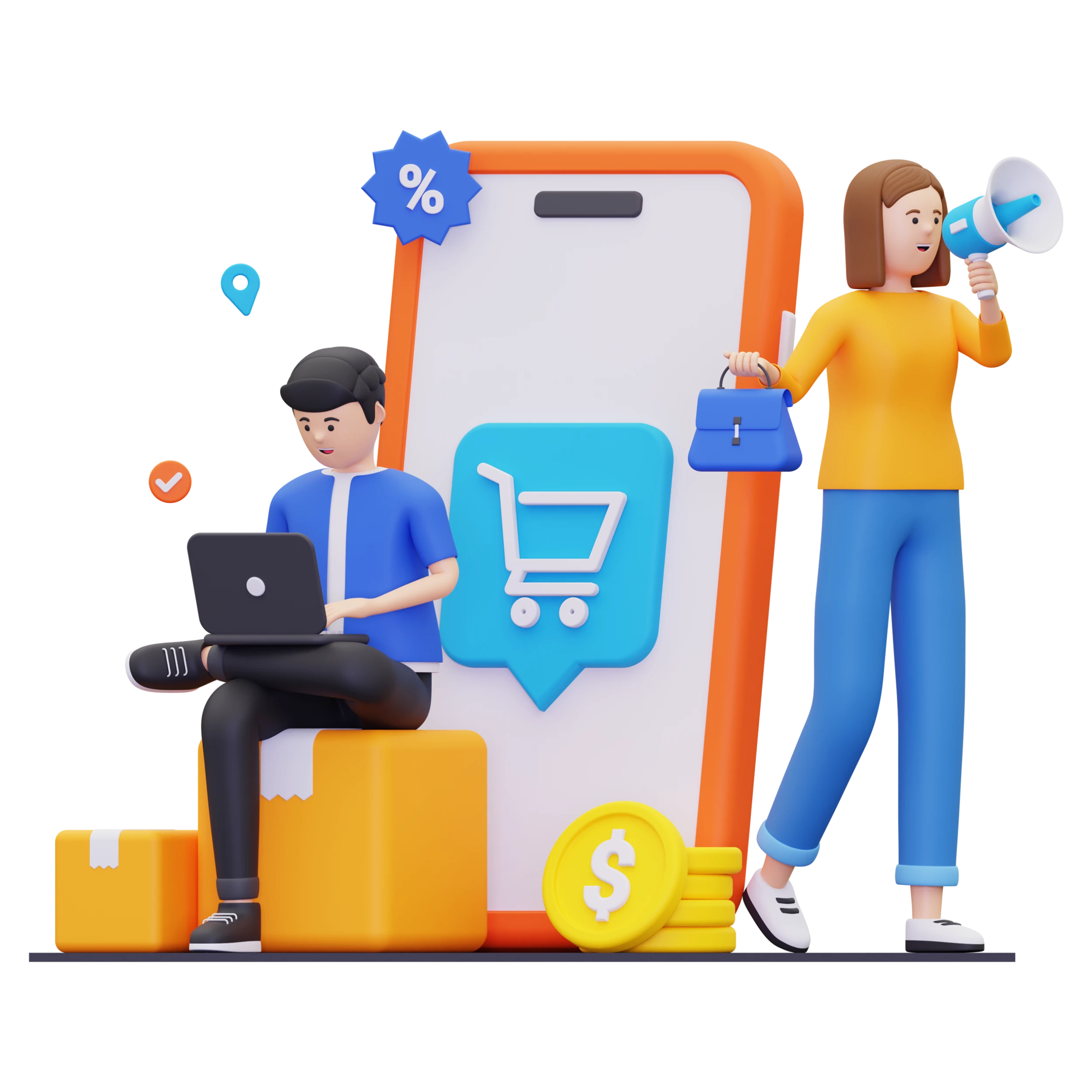 رسم ثلاثي الأبعاد يوضح مفهوم التسوق الإلكتروني عبر الهاتف، مع رموز للخصومات والدفع الرقمي